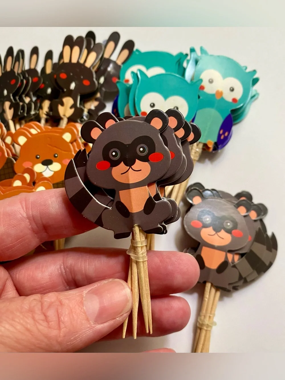 64 Woodland Animal Cupcake Toppers - Owl, Raccoon, Rabbit Party Picks